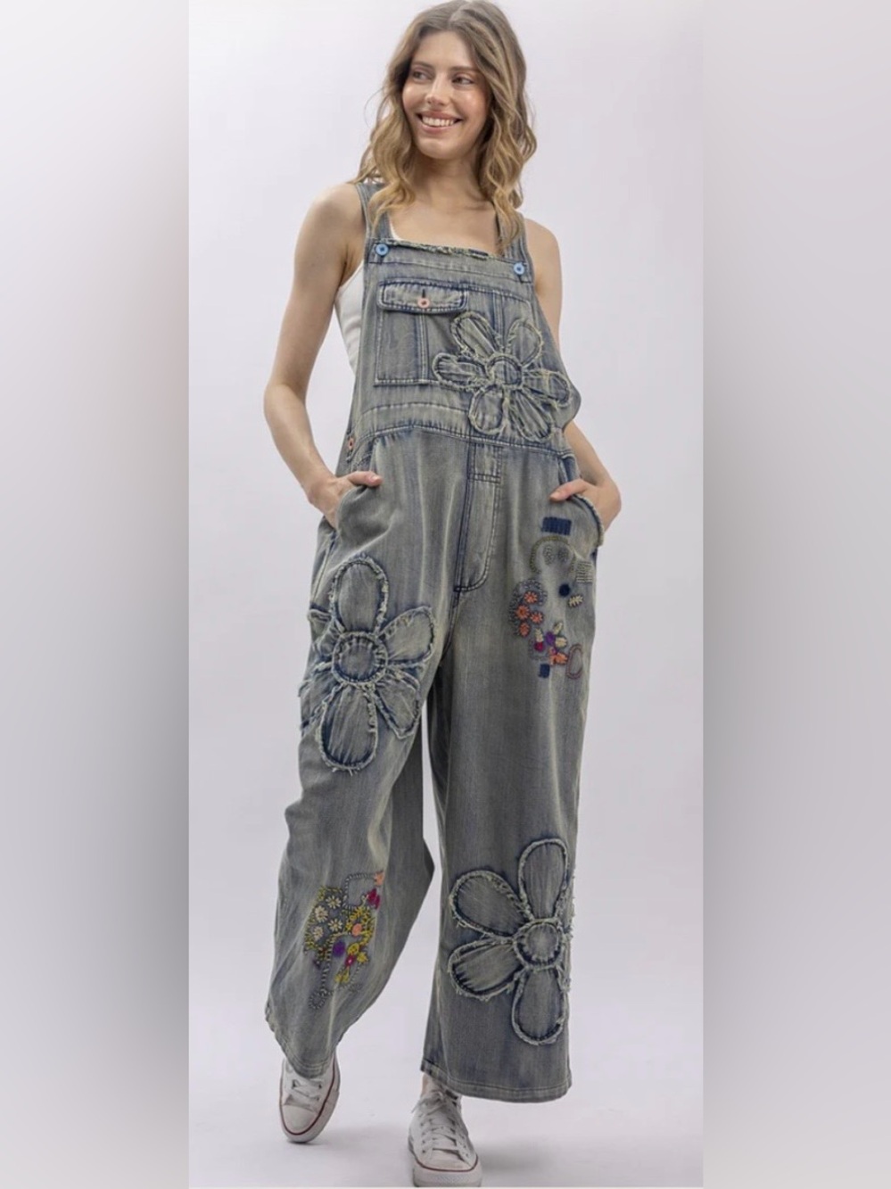 Blue Velvet Daisy Bloom Overalls, Size Medium